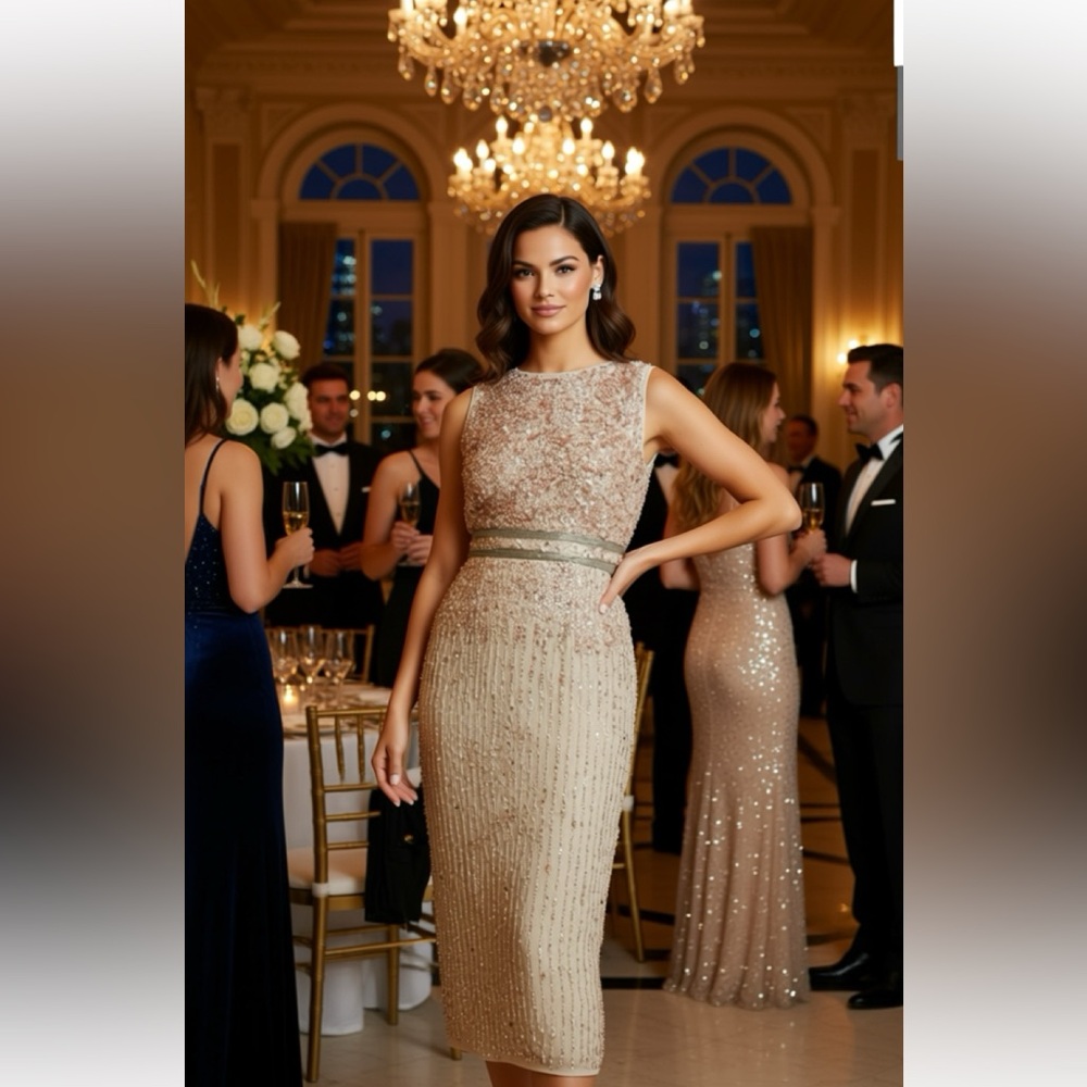 MAC DUGGAL | Sleeveless High Neck Beaded Midi Sheath Dress | Hemmed